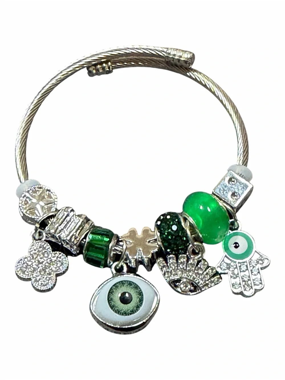 Silver Charm Adjustable Twisted Bangle with Green Eye and Hamsa Accents